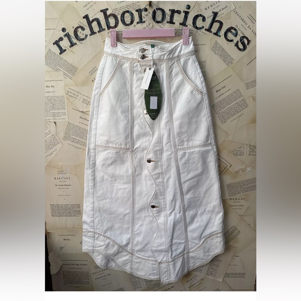 Anthropologie Farm Rio Denim Wave Maxi Skirt Button Up Side Pockets Ivory - Picture 5 of 6